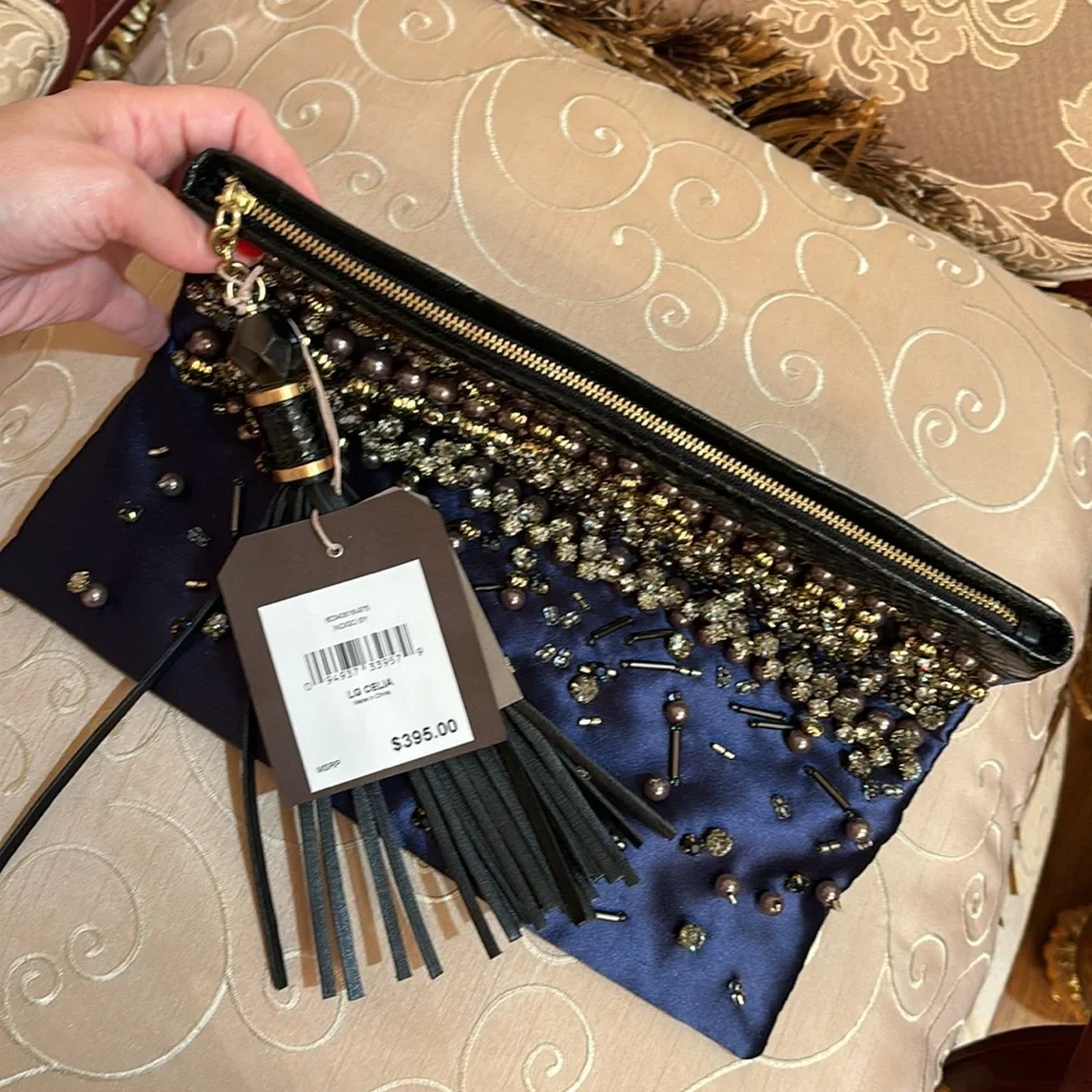 Rafe New York LG GELIA blue satin leather trimmed embellished studded clutch